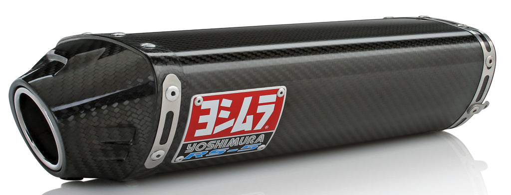 Yoshimura Street RS-5 Slip-On Exhaust with stainless steel and carbon fiber finish, showcasing the sleek motorcycle exhaust design.