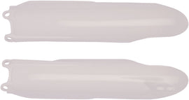 Acerbis white Yamaha YZ250 fork guard with protective design, part number 21137-70002, mounted on motorcycle suspension.