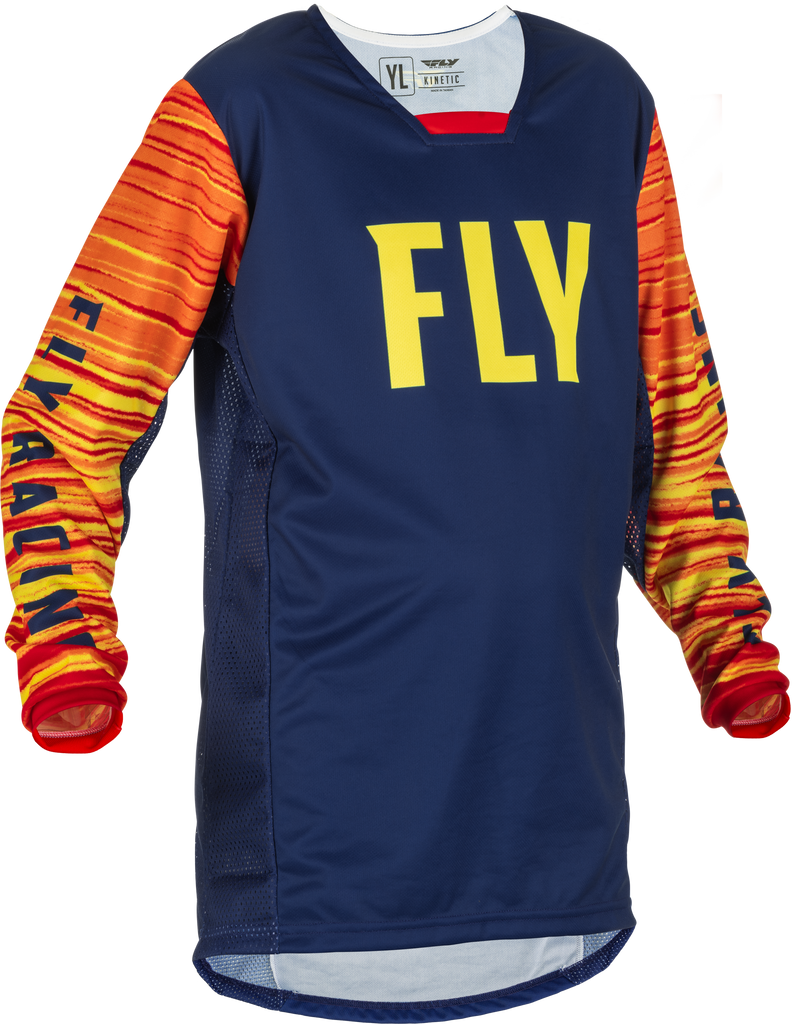 Fly Racing Youth Kinetic Wave Jersey in navy, yellow, and red colors, featuring a sporty design and breathable fabric.