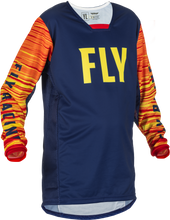 Load image into Gallery viewer, Fly Racing Youth Kinetic Wave Jersey in navy, yellow, and red colors, featuring a sporty design and breathable fabric.