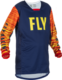 Fly Racing Youth Kinetic Wave Jersey in navy, yellow, and red colors, featuring a sporty design and breathable fabric.