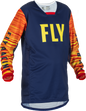 Fly Racing Youth Kinetic Wave Jersey in navy, yellow, and red colors, featuring a sporty design and breathable fabric.
