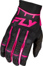 Fly Racing Youth Evolution DST gloves in black and pink, showing the sporty design and snug fit for young riders.