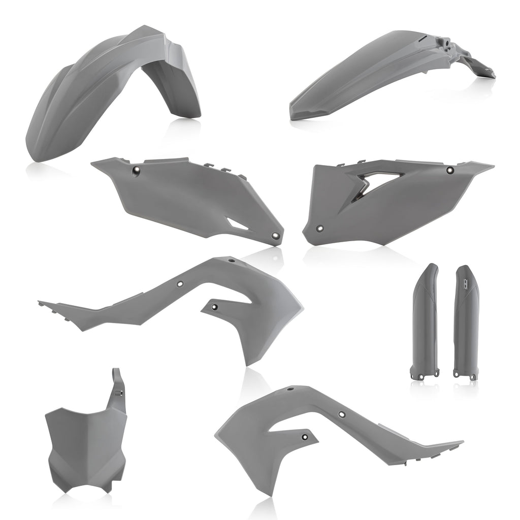 Grey Acerbis full plastic kit for motorcycle, includes various plastic parts, designed for durability and fit.