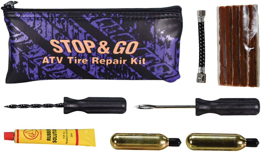 Stop & Go International ATV tire repair kit tools with plugs, insertion tool, and compact case for quick puncture repairs.