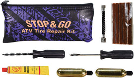 Stop & Go International ATV tire repair kit tools with plugs, insertion tool, and compact case for quick puncture repairs.