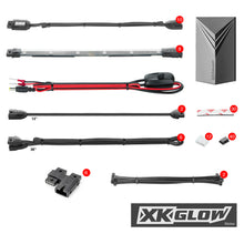 Load image into Gallery viewer, XK Glow 18-piece 7-color remote illumination kit with colorful LED lights and control for vehicle lighting customization.