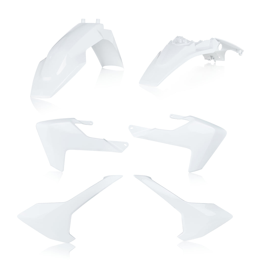 Acerbis plastic body kit for Hus motorcycle, featuring black and white panels with Acerbis branding and mounting points visible.
