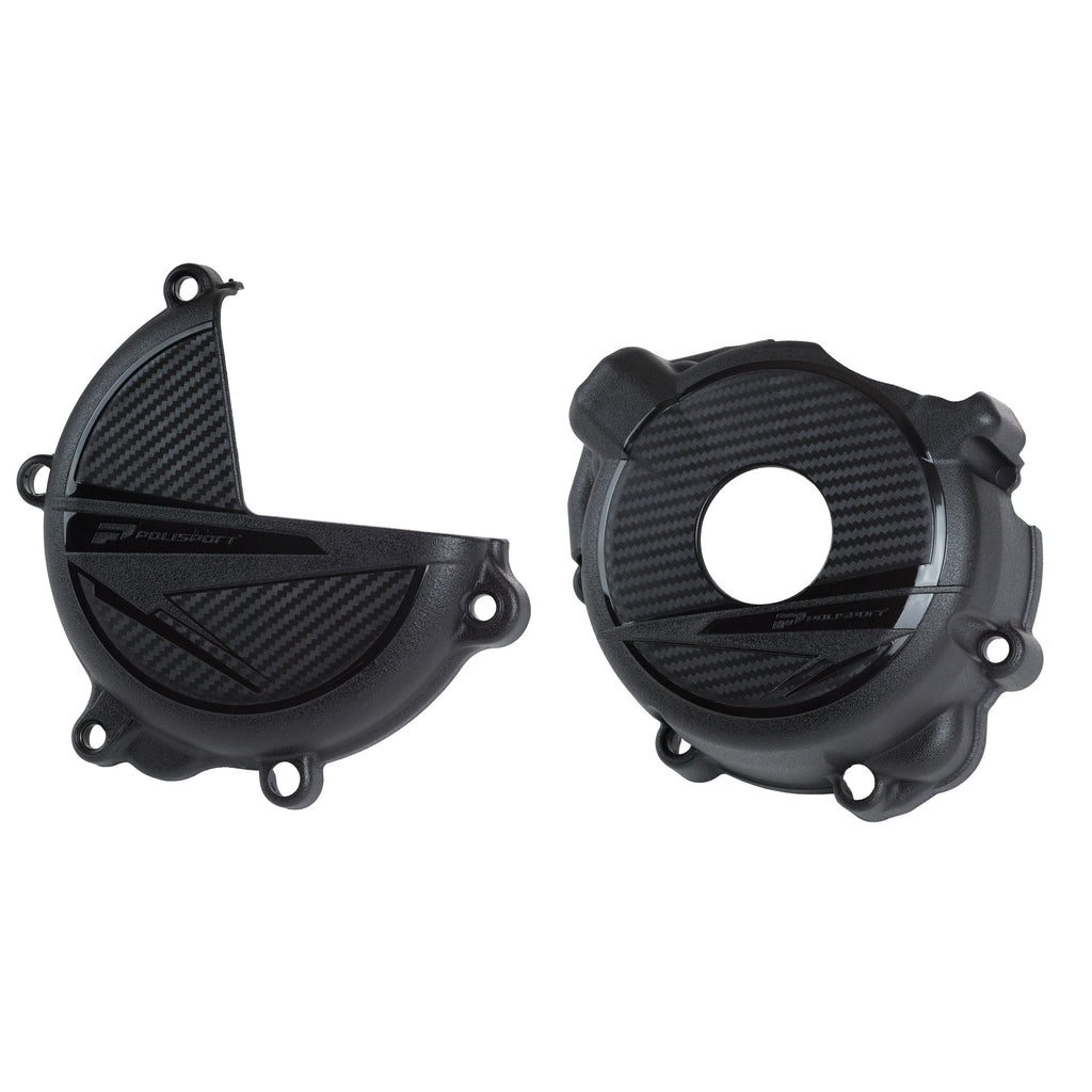 Polisport Plastics clutch and ignition body kit in black for Suzuki models, includes clutch cover and ignition housing.