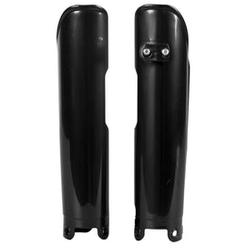 Polisport Plastics KTM black fork guards, model 64-839901, shown on a motorcycle with close-up of black plastic protective covers.