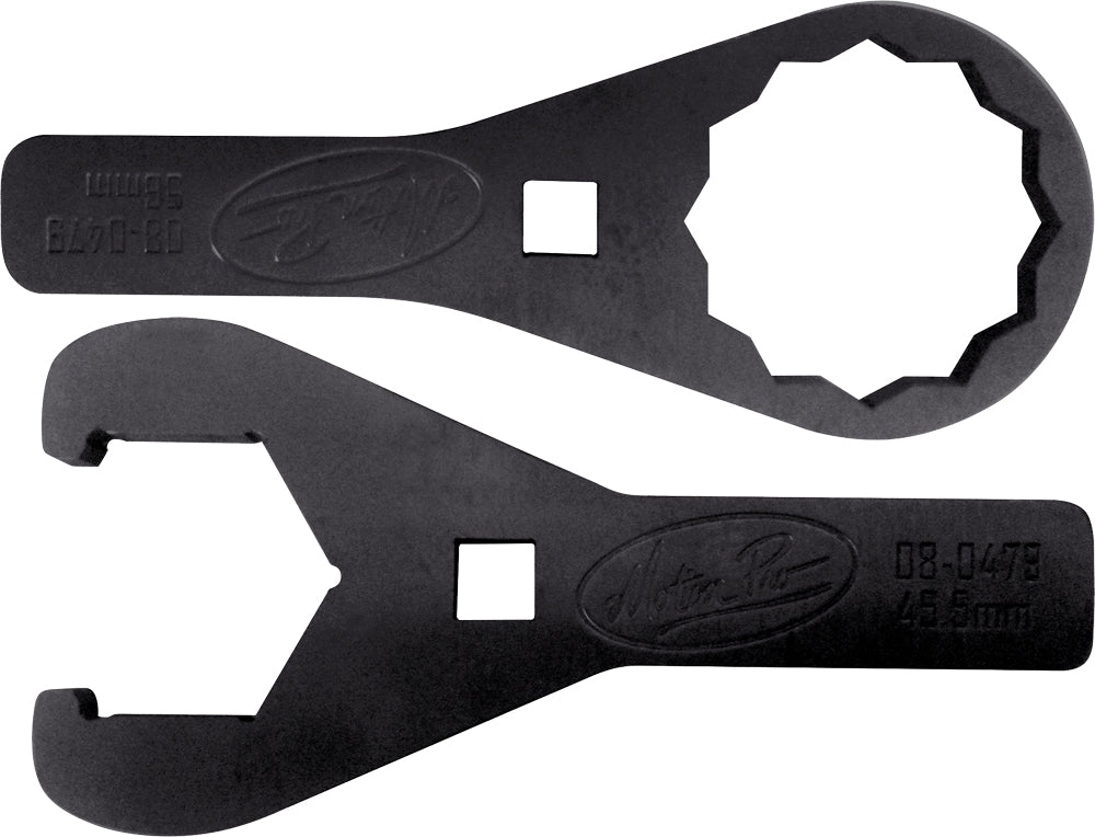 Motion Pro axle wrench set with 45.5mm and 56mm tools for motorcycle and vehicle axle removal, durable metal construction.