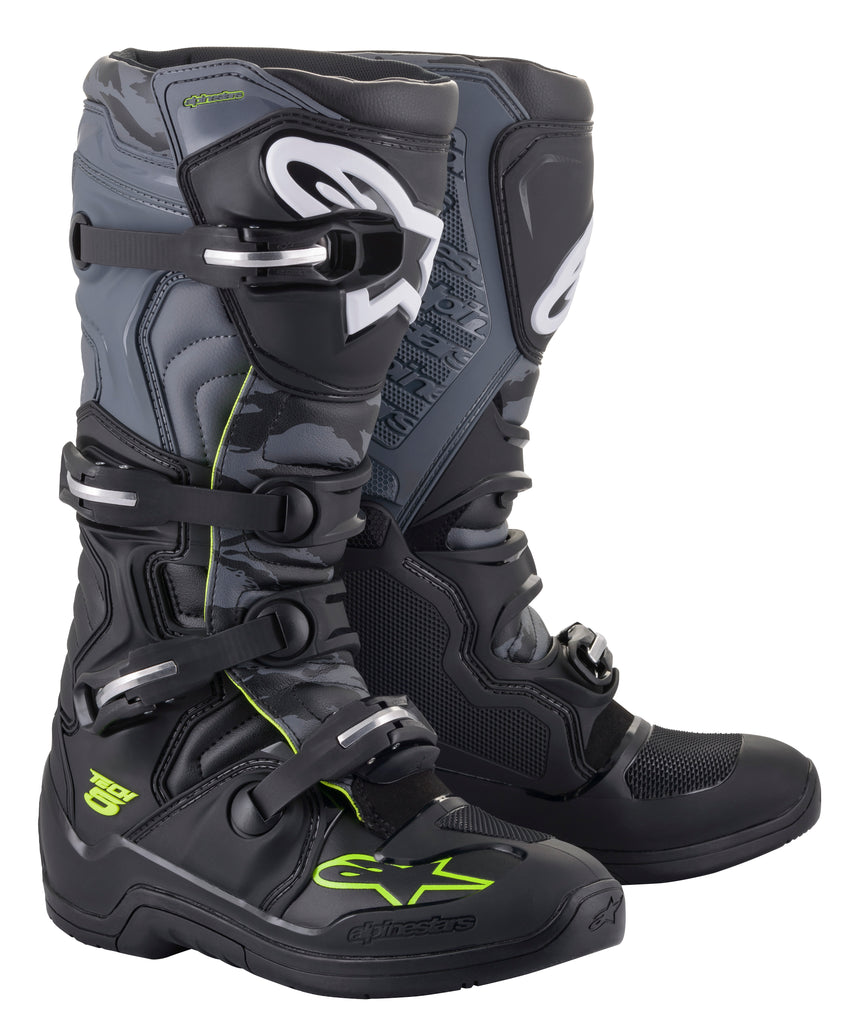 Alpine Star Tech 5 motorcycle boots in black, cool grey, and yellow fluorescent, size 11, with protective design and branding.