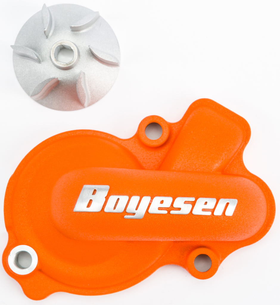 Boyesen orange waterpump cover and impeller kit for motorcycle or ATV, featuring durable construction and precise fit.