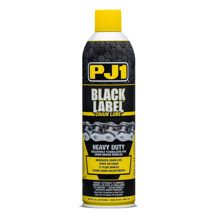PJ1 Products Black Label Chain Lube in 13oz bottle, specialized motorcycle chain lubricant for optimal performance and durability.