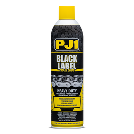PJ1 Products Black Label Chain Lube in 13oz bottle, designed for lubricating motorcycle and bike chains with chemical formula.