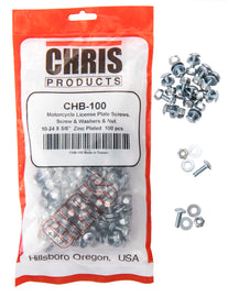 Chris Products license plate fasteners, 100-pack, durable hardware fittings for secure vehicle mounting.