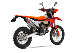 Yoshimura RS12 slip-on exhaust for KTM and Husqvarna bikes, showing the sleek metal muffler and branding details.