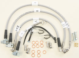 GALFER stainless steel brake cable kit for front and rear motorcycle brakes, model 17-8077, with visible cables and connectors.