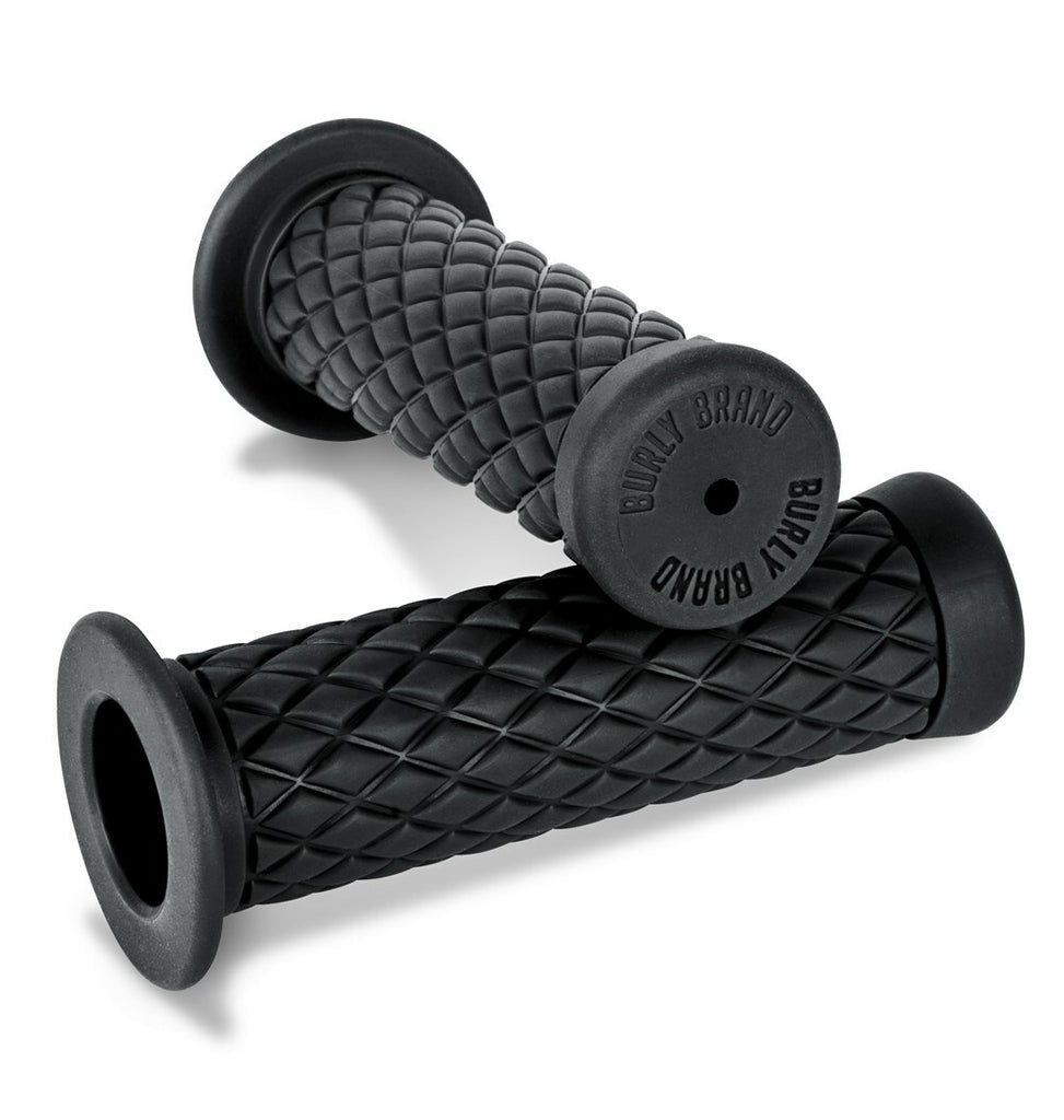 Black Burly Brand Rubber Diamondback grips with textured surface and 1-inch diameter for bicycle handlebars.