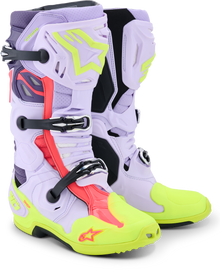 Alpine Star Tech 10 Supervented helmet in purple, yellow fluorescent, and diva pink with ventilation features and adjustable straps.