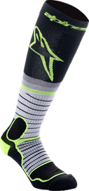 Alpine Star MX Pro Socks in black, grey, and yellow fluorescent, featuring padded cushioning and moisture-wicking fabric.