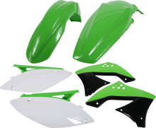 Load image into Gallery viewer, Acerbis green plastic kit with various unassembled motorcycle parts, including fenders and panels, laid out on a flat surface.