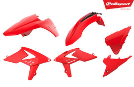 Red Polisport Plastics body kit for motorcycles, featuring durable plastic panels with a sleek design.
