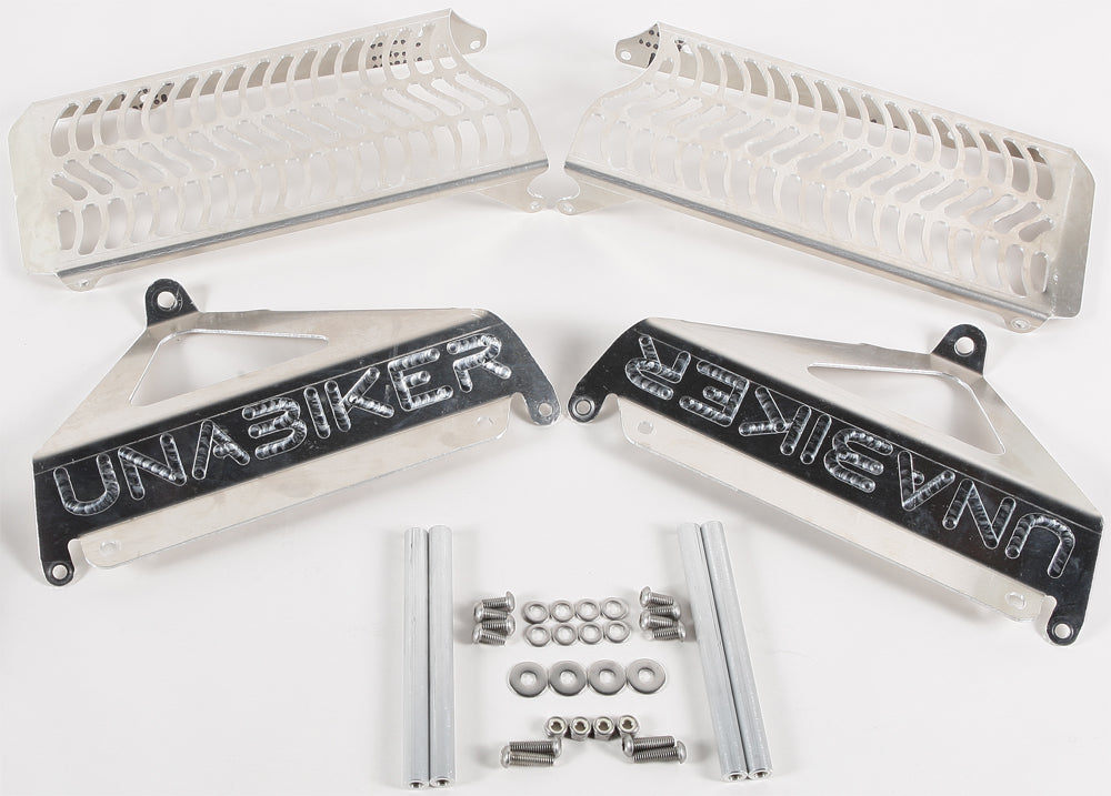 Unabiker off-road radiator guard in natural finish, designed to protect motorcycle radiators during off-road riding.