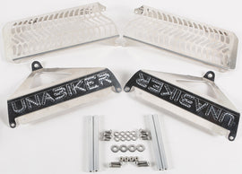 Unabiker off-road radiator guard in natural finish, designed to protect motorcycle radiators during off-road riding.