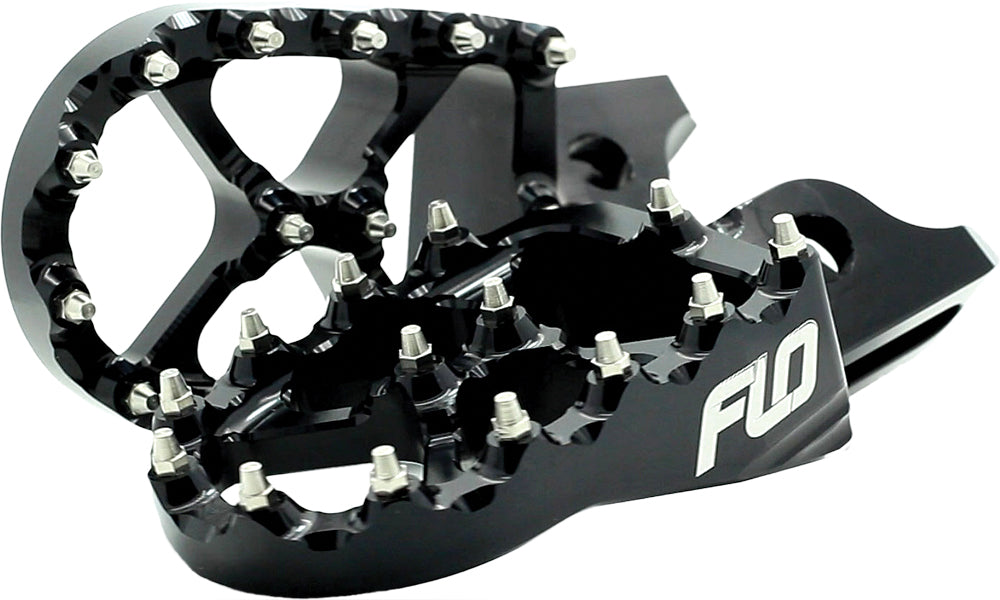 Black Flo Motorsports Pro Series Foot Pegs, sturdy motorcycle foot pegs with textured surface for grip and durability.