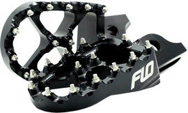 Black Flo Motorsports Pro Series Foot Pegs, sturdy motorcycle foot pegs with textured surface for grip and durability.