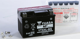 Yuasa YTX4L-BS maintenance-free battery with compact design, shown in the image, suitable for motorcycles and powersports vehicles.