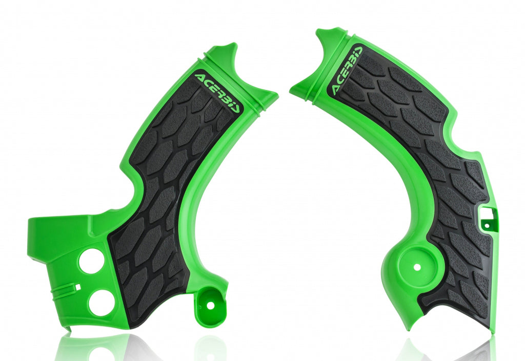 Acerbis X-Grip frame guard in green and black on a motorcycle frame, showcasing durable protective material.