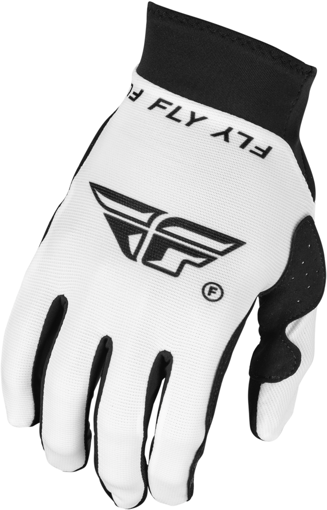 Fly Racing Pro Lite gloves in white and black, XL size, featuring lightweight design and textured palm for improved grip.