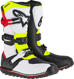 Alpine Star Tech-T motorcycle boots in white, red, yellow, and black, size 10, with durable design and multiple color accents.