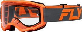 Fly Racing Focus goggle with charcoal and orange frame, clear lens, designed for motocross or off-road riding.