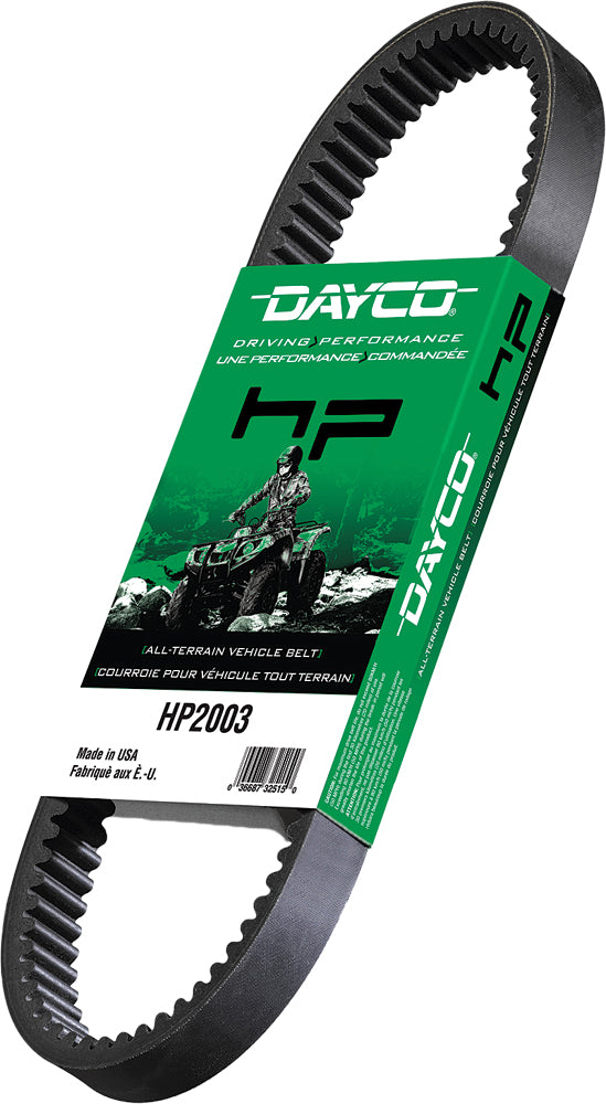Dayco HP ATV Belt 220-12000 showing black rubber belt with textured surface and reinforced edges for all-terrain vehicle use.