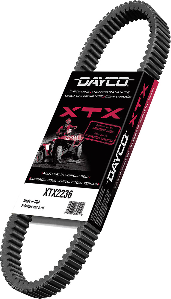 Dayco Xtx ATV belt 220-32253, durable drive belt designed for all-terrain vehicles, shown on a plain background