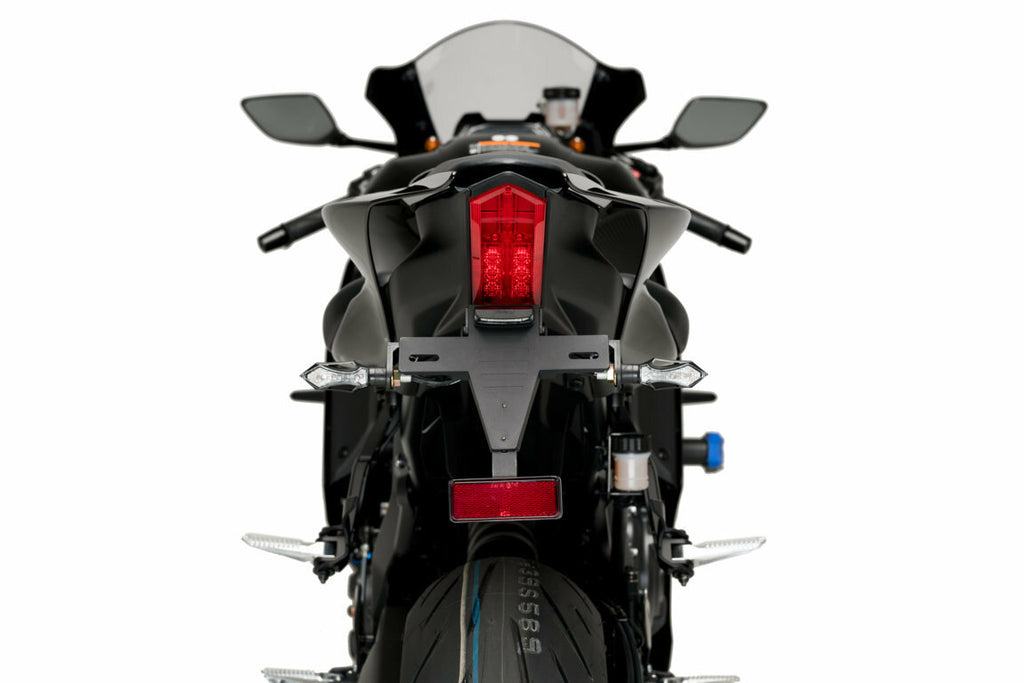 Black Fender Eliminator Kit by PUIG for Yamaha motorcycle, showing sleek body removal and clean tail section.