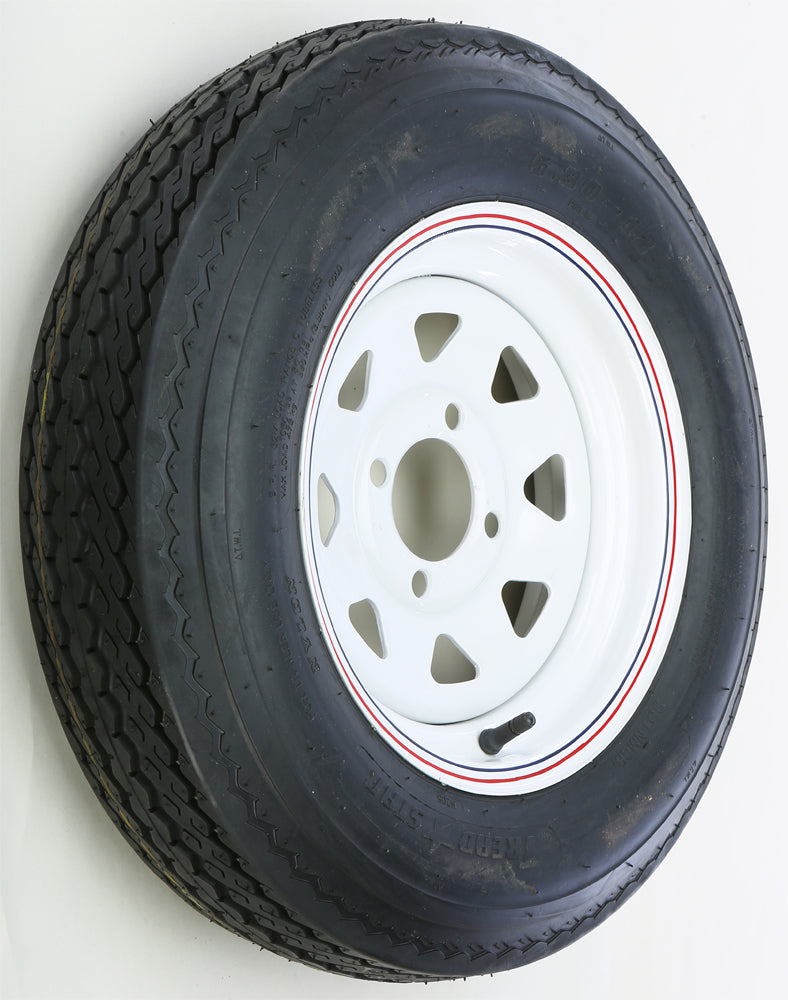 AWC trailer tire and wheel assembly with white finish, featuring a sturdy rubber tire mounted on a metal wheel for trailer use.