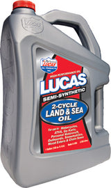 LUCAS Semi-Syn Land and Sea Oil 2T 1G container, automotive oil for land and sea vehicles, with product label visible
