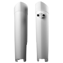 Polisport Plastics KTM white fork guards with model number 64-839852, designed to protect motorcycle forks.