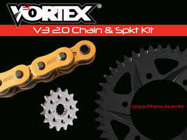 VORTEX sprocket and chain kit with black aluminum sprockets, 16/43t sizes, for 520-108L chain, featuring sleek metal finish.