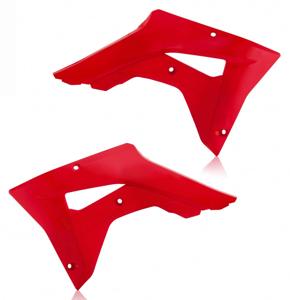 Red Acerbis radiator shrouds for motorcycles, featuring sleek design and durable plastic construction.