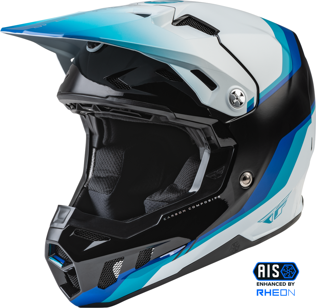 Fly Racing Formula CC driver helmet in black, blue, and white with aerodynamic design, medium size, for motorcycle or racing use