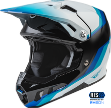 Load image into Gallery viewer, Fly Racing Formula CC driver helmet in black, blue, and white with aerodynamic design, medium size, for motorcycle or racing use