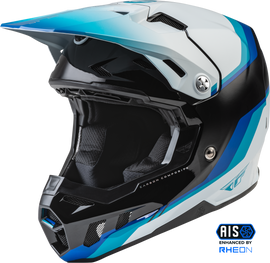 Fly Racing Formula CC driver helmet in black, blue, and white with aerodynamic design, medium size, for motorcycle or racing use