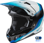 Fly Racing Formula CC driver helmet in black, blue, and white with aerodynamic design, medium size, for motorcycle or racing use