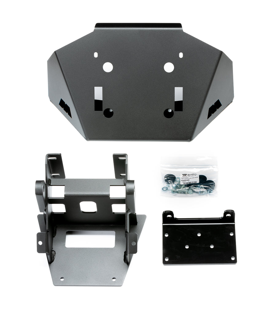 Warn front bumper winch mount bracket for Kawasaki KRX, durable steel construction, designed for off-road vehicle winch installation.