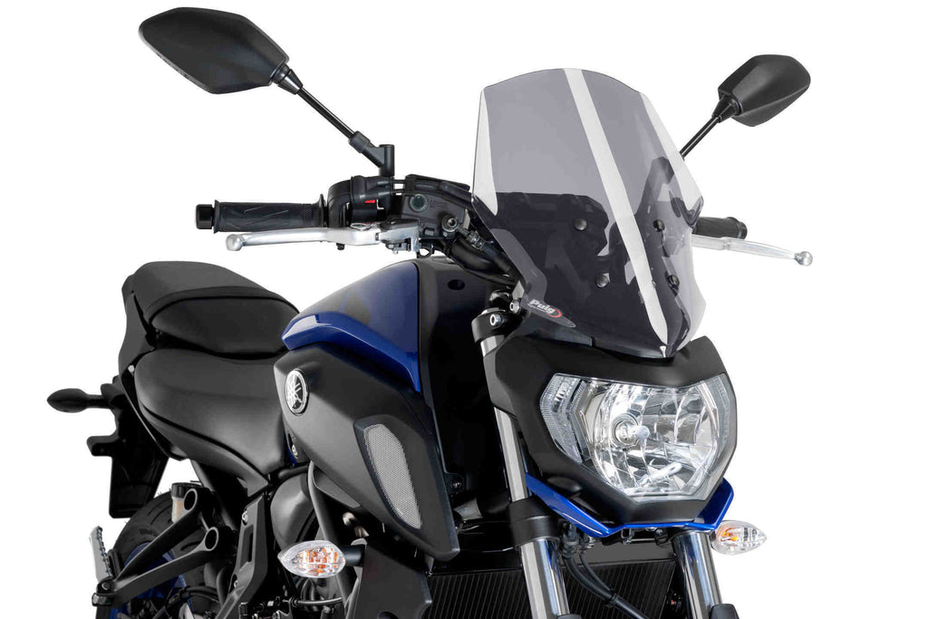 PUIG Naked New Generation Touring Smoke Windshield for motorcycle, featuring a sleek, tinted windscreen designed for touring riders.